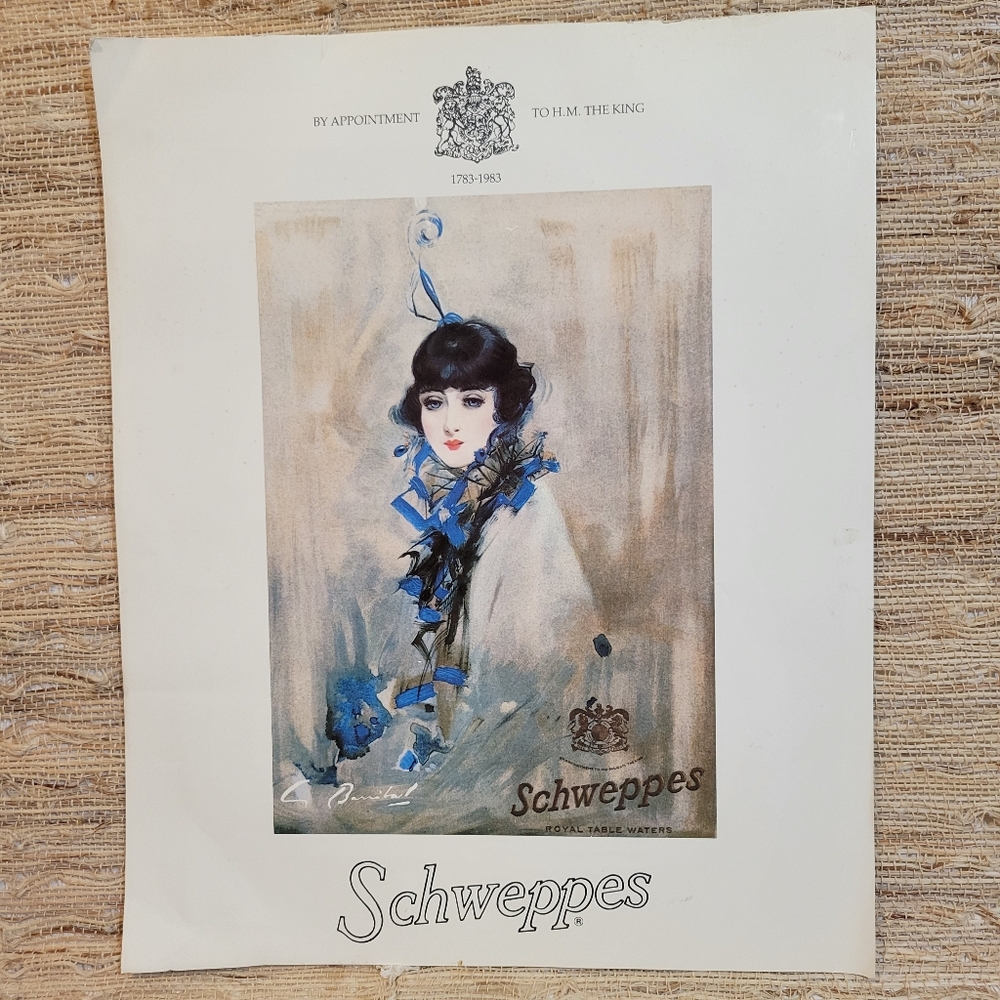 VTG Schweppes Woman w/Blue Feathers Art Deco Reproduction Adv. Poster Print